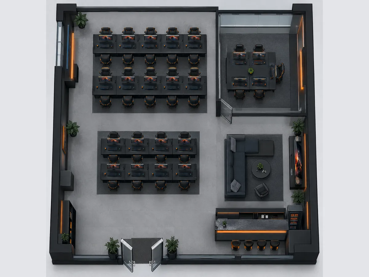Planta do salão vista de cima: dois blocos de secretárias com PC, sala de equipa envidraçada, sofá com PS5 e balcão do bar junto à entrada