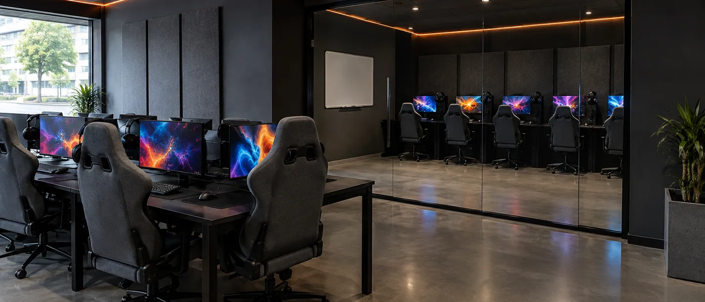 Sala de equipa envidraçada com cinco PC e quadro branco, vista a partir da zona casual